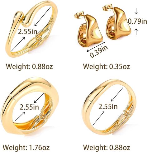 Chunky Gold Bangles Bracelets Earrings Set For Women, Statement Coordination of Twisted Hinged Stackable Bangle Bracelet and Chunky Earrings, Ideal Jewelry Gifts 18K Gold Plated in Saudi Arabia