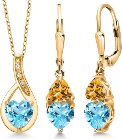 مجموعة أقراط متدلية من الذهب الأصفر المطلي بالذهب الأصفر عيار 18 قيراط من Gem Stone King والتوباز الأزرق السويسري والسترين الأصفر للنساء (4.22 قيراط، حجر بخت شهر نوفمبر، مع سلسلة 18 بوصة) in Kuwait