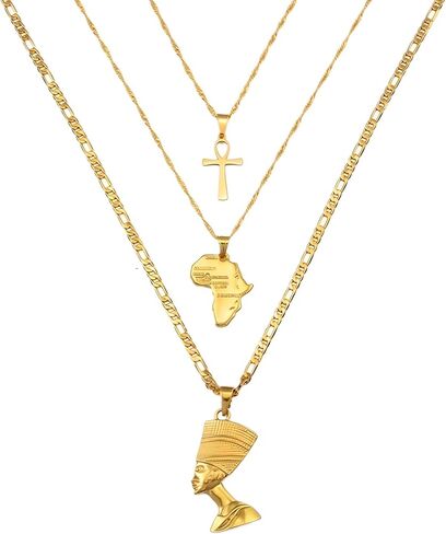 14k Yellow Gold Together Ankh Africa Map Nefertiti Necklace For Women - 925 Sterling Silver Set 3pcs Nefertiti Pendant Jewelry Queen Nefertiti Jewelry Egyptian Chain Necklace in Saudi Arabia
