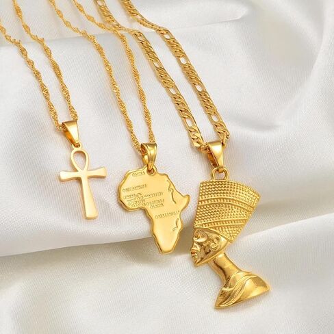 14k Yellow Gold Together Ankh Africa Map Nefertiti Necklace For Women - 925 Sterling Silver Set 3pcs Nefertiti Pendant Jewelry Queen Nefertiti Jewelry Egyptian Chain Necklace in Saudi Arabia