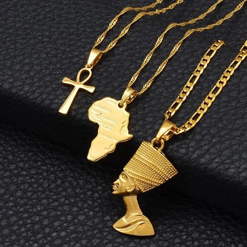 14k Yellow Gold Together Ankh Africa Map Nefertiti Necklace For Women - 925 Sterling Silver Set 3pcs Nefertiti Pendant Jewelry Queen Nefertiti Jewelry Egyptian Chain Necklace in Saudi Arabia