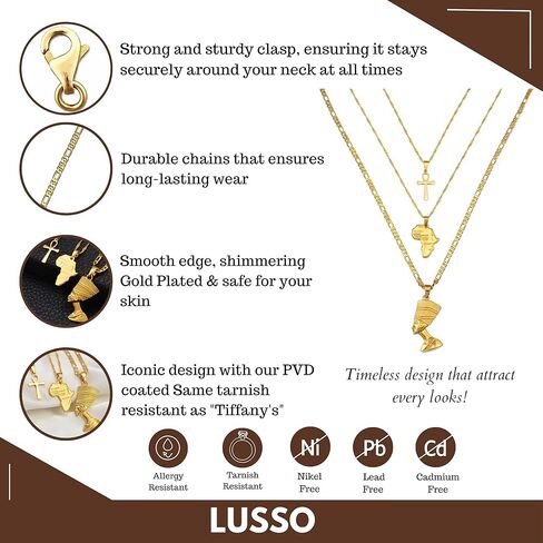 14k Yellow Gold Together Ankh Africa Map Nefertiti Necklace For Women - 925 Sterling Silver Set 3pcs Nefertiti Pendant Jewelry Queen Nefertiti Jewelry Egyptian Chain Necklace in Saudi Arabia