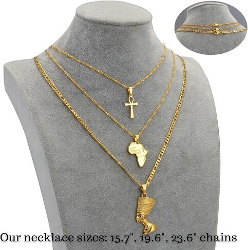 14k Yellow Gold Together Ankh Africa Map Nefertiti Necklace For Women - 925 Sterling Silver Set 3pcs Nefertiti Pendant Jewelry Queen Nefertiti Jewelry Egyptian Chain Necklace in Saudi Arabia