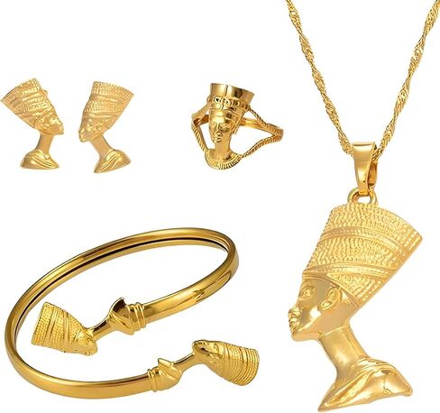 14k Yellow Gold Together Ankh Africa Map Nefertiti Necklace For Women - 925 Sterling Silver Set 3pcs Nefertiti Pendant Jewelry Queen Nefertiti Jewelry Egyptian Chain Necklace in Saudi Arabia