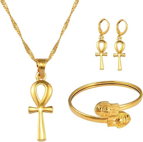 14k Yellow Gold Together Ankh Africa Map Nefertiti Necklace For Women - 925 Sterling Silver Set 3pcs Nefertiti Pendant Jewelry Queen Nefertiti Jewelry Egyptian Chain Necklace in Saudi Arabia