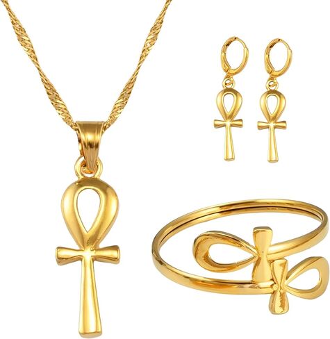 14k Yellow Gold Together Ankh Africa Map Nefertiti Necklace For Women - 925 Sterling Silver Set 3pcs Nefertiti Pendant Jewelry Queen Nefertiti Jewelry Egyptian Chain Necklace in Saudi Arabia