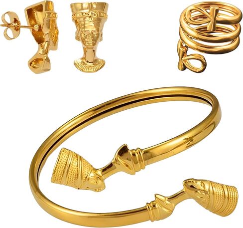 14k Yellow Gold Together Ankh Africa Map Nefertiti Necklace For Women - 925 Sterling Silver Set 3pcs Nefertiti Pendant Jewelry Queen Nefertiti Jewelry Egyptian Chain Necklace in Saudi Arabia