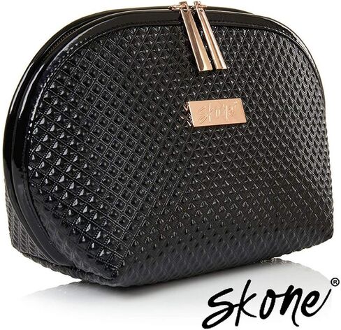 حقيبة مكياج Skone Luxury Designer - منظم مستحضرات التجميل الأنيق المصنوع من الجلد الحاصل على براءة اختراع مع سحاب ذهبي وردي، مناسب للسفر، مقاوم للماء، متين ولم يتم الإساءة إلى الحيوانات لأساسيات التجميل وإكسسواراته، أسود in Kuwait