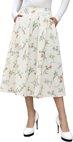 FARORO Midi Skirts for Women High Waist Floral Print Pleated A-Line Skirt with Pockets Work Casual in Saudi Arabia