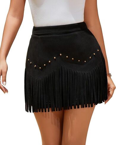 Women Suede Fringe Mini Skirt with Rivets High Waist Elastic Western Cowgirl Skirts with Zipper Country Concert Outfit in Saudi Arabia