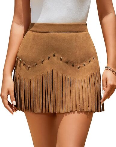 Women Suede Fringe Mini Skirt with Rivets High Waist Elastic Western Cowgirl Skirts with Zipper Country Concert Outfit in Saudi Arabia