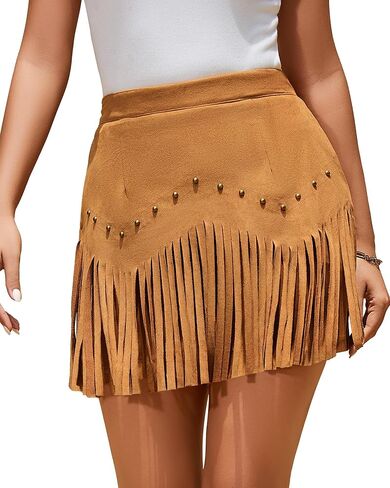 Women Suede Fringe Mini Skirt with Rivets High Waist Elastic Western Cowgirl Skirts with Zipper Country Concert Outfit in Saudi Arabia