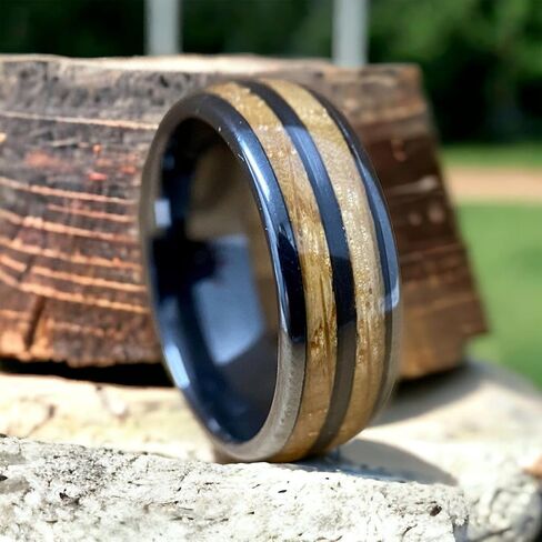 BW James Jewelers "The Blue Grass Kentucky Bourbon Whiskey Barrel Black Ceramic Ring - Handcrafted Men's Wedding Band with Wood Inlay - Polished Finish Engagement Anniversary Promise Band Sizes 7-16 in Saudi Arabia
