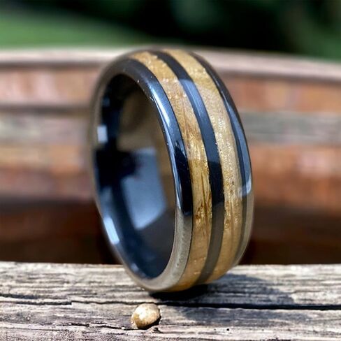 BW James Jewelers "The Blue Grass Kentucky Bourbon Whiskey Barrel Black Ceramic Ring - Handcrafted Men's Wedding Band with Wood Inlay - Polished Finish Engagement Anniversary Promise Band Sizes 7-16 in Saudi Arabia