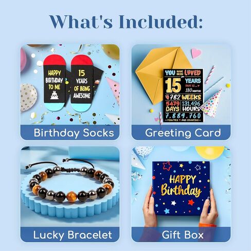 HAPPYPOP 15 Year Old Boy Gifts - Socks 15th Birthday Gift Ideas, Birthday Gift Card Tiger Eye Bracelet Set for Son Nephew in Saudi Arabia
