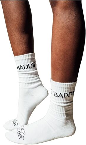 Baddie Crew Socks- White Graphic Unisex Socks, One Size Fits 6-12, Cotton Blend, Sock for Everyday Wearers, Gym Socks in Saudi Arabia