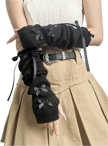 OYOANGLE Women's Long Fingerless Gloves Bow Knitted Arm Warmers Y2K Cute Cosplay Lolita Accessories in Saudi Arabia