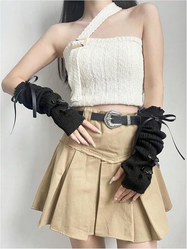 OYOANGLE Women's Long Fingerless Gloves Bow Knitted Arm Warmers Y2K Cute Cosplay Lolita Accessories in Saudi Arabia