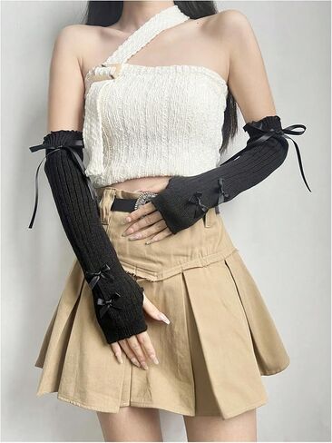 OYOANGLE Women's Long Fingerless Gloves Bow Knitted Arm Warmers Y2K Cute Cosplay Lolita Accessories in Saudi Arabia