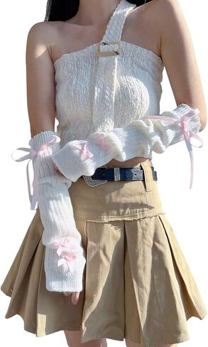 OYOANGLE Women's Long Fingerless Gloves Bow Knitted Arm Warmers Y2K Cute Cosplay Lolita Accessories in Saudi Arabia