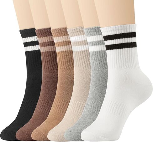 6 Pairs Crew Socks for Women Striped Cotton Causal Arch Support Soft Breathable Socks in Saudi Arabia