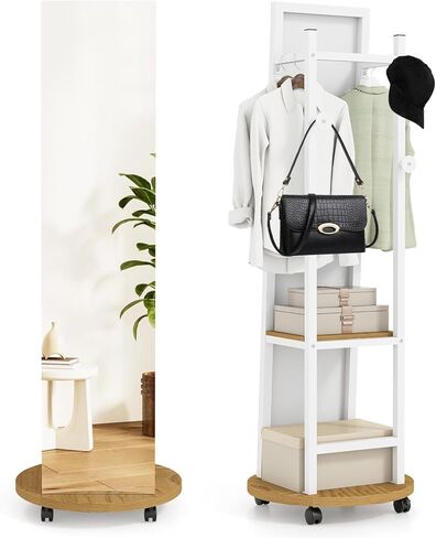 CHARMAID Full Length Mirror with Coat Rack, 55" Standing Floor Mirror with Lockable Wheels, Hanging Rods, Hooks & Storage Shelves, for Bedroom, Closet, Living Room, Entryway (White & Natural) in Saudi Arabia