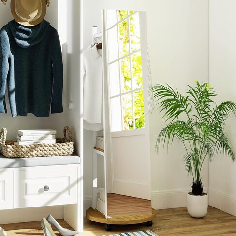CHARMAID Full Length Mirror with Coat Rack, 55" Standing Floor Mirror with Lockable Wheels, Hanging Rods, Hooks & Storage Shelves, for Bedroom, Closet, Living Room, Entryway (White & Natural) in Saudi Arabia