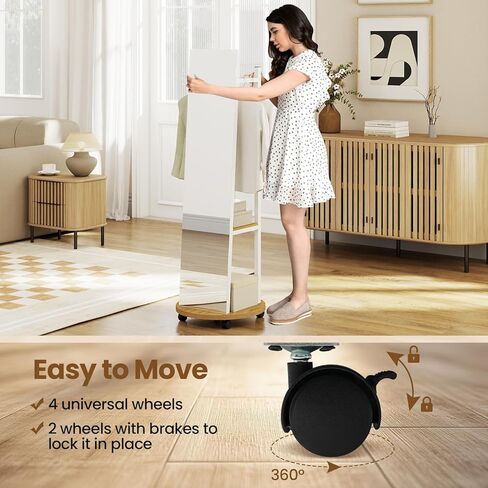 CHARMAID Full Length Mirror with Coat Rack, 55" Standing Floor Mirror with Lockable Wheels, Hanging Rods, Hooks & Storage Shelves, for Bedroom, Closet, Living Room, Entryway (White & Natural) in Saudi Arabia