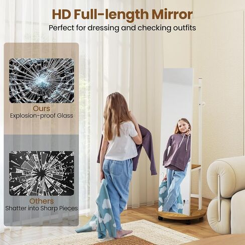 CHARMAID Full Length Mirror with Coat Rack, 55" Standing Floor Mirror with Lockable Wheels, Hanging Rods, Hooks & Storage Shelves, for Bedroom, Closet, Living Room, Entryway (White & Natural) in Saudi Arabia