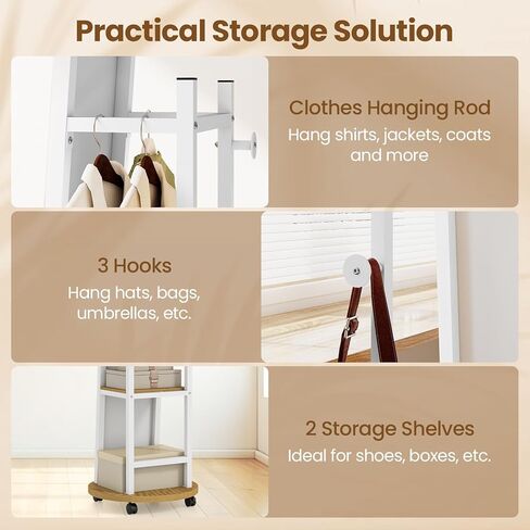 CHARMAID Full Length Mirror with Coat Rack, 55" Standing Floor Mirror with Lockable Wheels, Hanging Rods, Hooks & Storage Shelves, for Bedroom, Closet, Living Room, Entryway (White & Natural) in Saudi Arabia