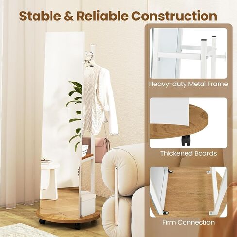CHARMAID Full Length Mirror with Coat Rack, 55" Standing Floor Mirror with Lockable Wheels, Hanging Rods, Hooks & Storage Shelves, for Bedroom, Closet, Living Room, Entryway (White & Natural) in Saudi Arabia