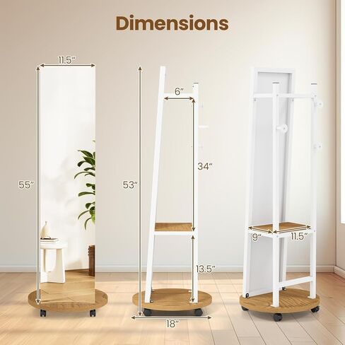 CHARMAID Full Length Mirror with Coat Rack, 55" Standing Floor Mirror with Lockable Wheels, Hanging Rods, Hooks & Storage Shelves, for Bedroom, Closet, Living Room, Entryway (White & Natural) in Saudi Arabia