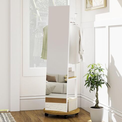 CHARMAID Full Length Mirror with Coat Rack, 55" Standing Floor Mirror with Lockable Wheels, Hanging Rods, Hooks & Storage Shelves, for Bedroom, Closet, Living Room, Entryway (White & Natural) in Saudi Arabia