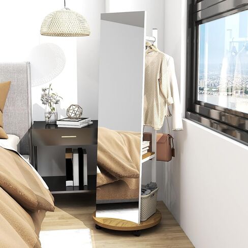 CHARMAID Full Length Mirror with Coat Rack, 55" Standing Floor Mirror with Lockable Wheels, Hanging Rods, Hooks & Storage Shelves, for Bedroom, Closet, Living Room, Entryway (White & Natural) in Saudi Arabia