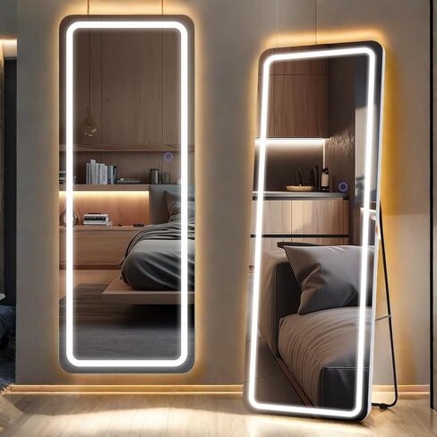 مرآة أرضية LED مقاس 63 بوصة × 20 بوصة، إطار مضاء بثلاثة ألوان قابل للتعتيم، مرآة كاملة الطول لغرفة النوم وصالة الألعاب الرياضية والمكياج، قائمة بذاتها/تُثبت على الحائط in Saudi Arabia