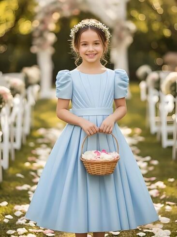 لطيف الساتان زهرة فتاة فستان Bowknot ثوب زفاف طويل حفلة عيد ميلاد الأميرة فساتين قصيرة الأكمام منتفخة in Kuwait