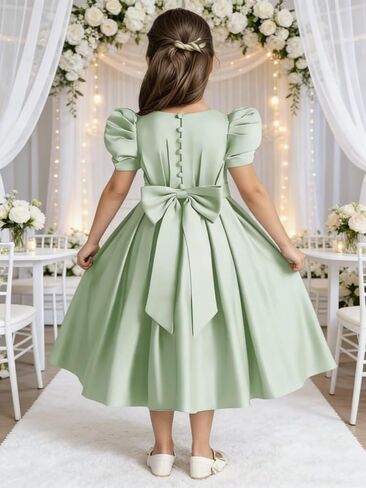 لطيف الساتان زهرة فتاة فستان Bowknot ثوب زفاف طويل حفلة عيد ميلاد الأميرة فساتين قصيرة الأكمام منتفخة in Kuwait