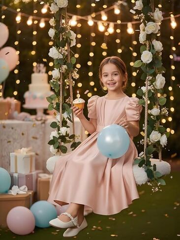 لطيف الساتان زهرة فتاة فستان Bowknot ثوب زفاف طويل حفلة عيد ميلاد الأميرة فساتين قصيرة الأكمام منتفخة in Kuwait