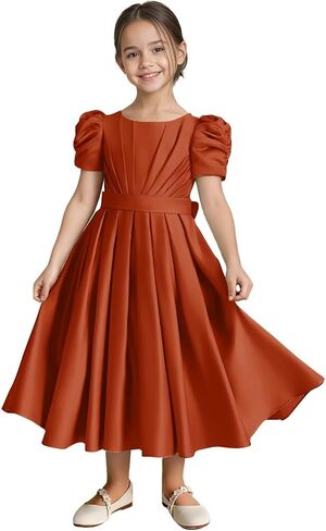 لطيف الساتان زهرة فتاة فستان Bowknot ثوب زفاف طويل حفلة عيد ميلاد الأميرة فساتين قصيرة الأكمام منتفخة in Kuwait