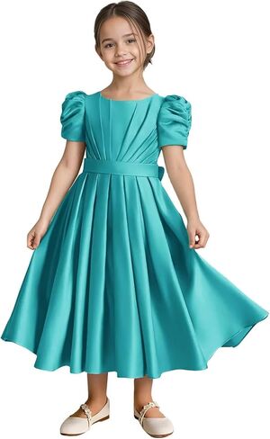 لطيف الساتان زهرة فتاة فستان Bowknot ثوب زفاف طويل حفلة عيد ميلاد الأميرة فساتين قصيرة الأكمام منتفخة in Kuwait