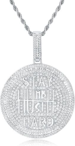 Iced Out Circle Chain Pendant Necklace for Men Women 14K White Gold Plated Bling CZ Diamond Round Coin Encourage Charm with 3mm 24" Rope Chain Hip Hop Fashion Jewelry in Saudi Arabia
