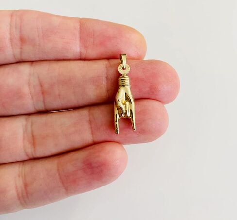 Authentic 10K Yellow Gold Italian Mano Cornuto Charm Pendant - 10K Real Gold Italian Lucky Hand Charm - 3D Rock On Sign - 2 Different Sizes. in Saudi Arabia