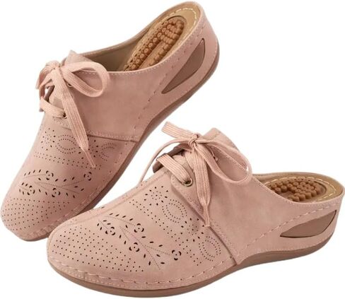 Ladies' fashionable wedge heel sandals, perforated closed toe lace-up arched support slippers, Bohemian-style outdoor shoes in Saudi Arabia