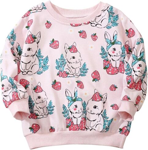 Girls Crewneck Sweatshirt Rabbit Strawberry Print Long Sleeve Top Casual Multi - Season Shirt for 3-8 Years in Saudi Arabia