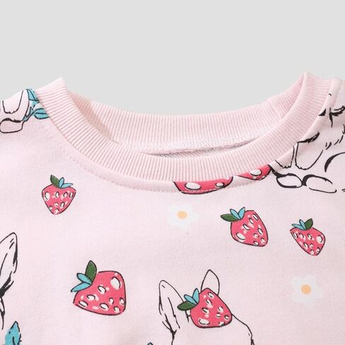 Girls Crewneck Sweatshirt Rabbit Strawberry Print Long Sleeve Top Casual Multi - Season Shirt for 3-8 Years in Saudi Arabia