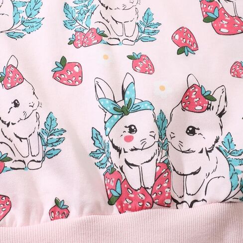 Girls Crewneck Sweatshirt Rabbit Strawberry Print Long Sleeve Top Casual Multi - Season Shirt for 3-8 Years in Saudi Arabia