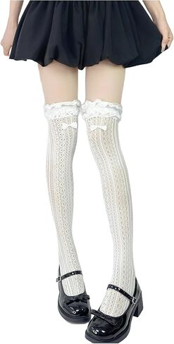 2 Pairs Lace Thigh High Stockings With Bows Y2K Lace Socks Over Knee Long Stocking in Saudi Arabia