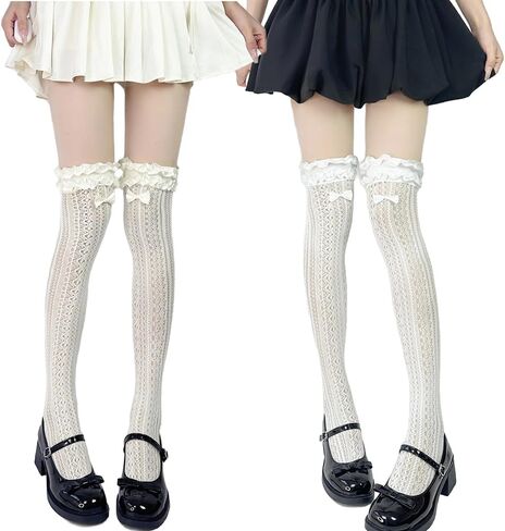 2 Pairs Lace Thigh High Stockings With Bows Y2K Lace Socks Over Knee Long Stocking in Saudi Arabia