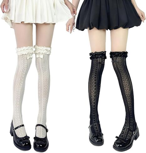 2 Pairs Lace Thigh High Stockings With Bows Y2K Lace Socks Over Knee Long Stocking in Saudi Arabia