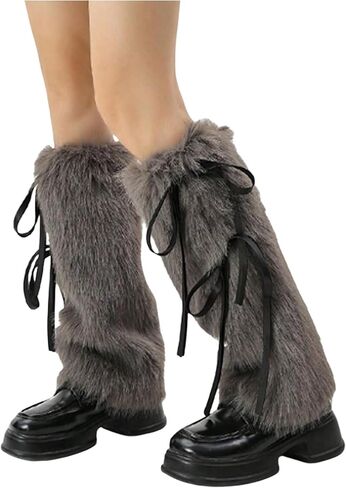 OYOANGLE Women's Faux Fur Fuzzy Bow Leg Warmers Furry Boot Covers Furry Boot Cuffs Kawaii Shoes Cover Socks for Costume in Saudi Arabia